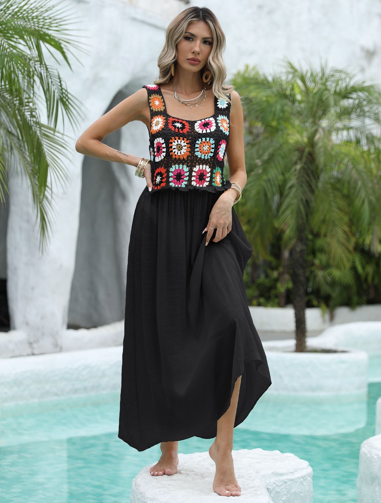 Blouse Women Clothing Color Random Crochet Stitching Slubbed Fabric Wooden Ear Dress Beach Dress Bella Mia